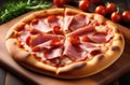 savory meat pizza topped with tasty juicy ham on wooden board. Italian traditional food
