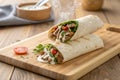 Savory Meat Wrap on Wooden Table Close-Up - generated by ai Royalty Free Stock Photo
