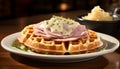 Savory and mouthwatering ham and cheese filled waffles, beautifully plated and ready to be enjoyed