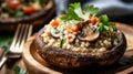 Savory mushroom risotto in portobello cap with fresh herbs and vegetables Royalty Free Stock Photo