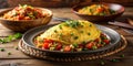Savory omelet stuffed with a medley of fresh vegetables and herbs on a rustic wooden table. Generative AI Royalty Free Stock Photo
