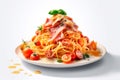 Savory Pasta Delight: Delectable Ham Pasta on a Clean White Background