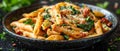 Savory Penne with Chicken & Sun-Dried Tomatoes. Concept Italian cuisine, Chicken pasta, Sun-dried