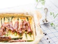 Savory pie with asparagus, prosciutto and marjoram