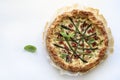 Savory pie with asparagus, ricotta and speck.