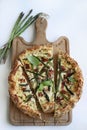 Savory pie with asparagus, ricotta and speck.