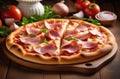 Savory pizza with juicy ham arranged on wooden cutting board on table. Italian traditional food