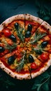 Savory pizza topped with olives, tomatoes, and fresh herbs