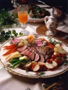 A savory plate of thinly sliced steak served over a bed of vegetables and herbs.. AI generation