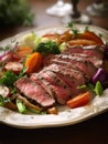 A savory plate of thinly sliced steak served over a bed of vegetables and herbs.. AI generation