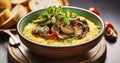 Savory Polenta Italian Corn Porridge Paired with Pork Bacon, Presented with Mushroom, Salad Leaf, and Bread - A Gourmet Side View