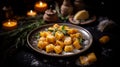 savory pumpkin gnocchi in sage butter on a festive background