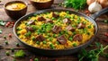 Savory saffron rice dish with tender meat cubes and garden peas in a rustic pan. Generative AI Royalty Free Stock Photo