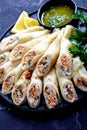 Savory salmon crepes filled with soft cream cheese Royalty Free Stock Photo