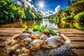 Savory Salted Piranha A Delectable Dish from the Amazon River Featuring Dried Fish and Stunning River Scenery Royalty Free Stock Photo