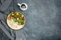 Savory sauteed mixed chinese rice, broccoli with fried tofu, Asian vegan bowl, Long banner format. top view