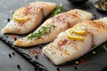 Savory seafood dish Pangasius fillet with lemon and spices