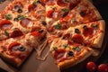 Savory slice Close up view of delicious pepperoni pizza on wood Royalty Free Stock Photo