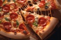 Savory slice Close up view of delicious pepperoni pizza on wood Royalty Free Stock Photo