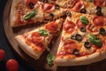 Savory slice Close up view of delicious pepperoni pizza on wood Royalty Free Stock Photo