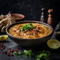 Close-up of Pakistani Haleem & x28;meat and lentil stew& x29; with Paratha Bread