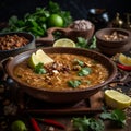 Close-up of Pakistani Haleem & x28;meat and lentil stew& x29; with Paratha Bread