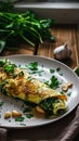 Savory spinach omelette garnished with parsley, AI Generated.