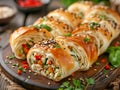 Savory Stuffed Pastry Rolls on Wooden Plate with Seasonings, Close Up Gourmet Appetizer