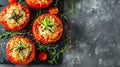 Savory Stuffed Tomato Delight: A Stunning Top-View on a Grey Table with Copy Space [ Aspect Rati