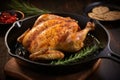 Savory and succulent roast chicken with crispy golden skin, expertly cooked in a sizzling pan