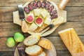 Savory and sweet snack and appetizers board with variety of meat charcuterie cheese nuts figs french baguette on wood platter