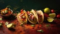 Savory tacos with fresh ingredients on a dark background, hinting at a festive Mexican cuisine experience