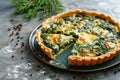 Savory tart of rich egg custard, spinach and cheese with cut out a slice on the plate Royalty Free Stock Photo