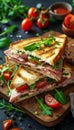 Savory triangle sandwich filled with ham, cheese, juicy tomatoes, and crisp salad greens on the side