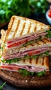 Savory triangle sandwich with ham, cheese, tomato, and a side salad fresh and delicious Royalty Free Stock Photo