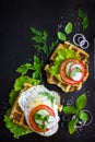 Savory waffle with cheese, ham, olives and herbs, served with fr Royalty Free Stock Photo