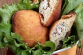 Savoury doughnuts with ham & herbs, close-up