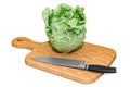 Savoy cabbage lies on a wooden board next to a knife, 3D rendering Royalty Free Stock Photo