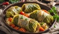 Savoy cabbage rolls with meat, rice and vegetables. Stuffed savoy cabbage leaves with meat Royalty Free Stock Photo