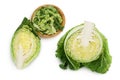 Savoy cabbage slice and chopped isolated on white background with full depth of field. Top view. Flat lay Royalty Free Stock Photo