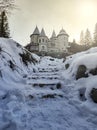 The savoy castle of Gressoney in a winter evening Royalty Free Stock Photo