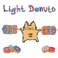 Savoyar the Cat Holding Barbell with Donuts. Light Donut. Cute Cheerful Fun Red or Ginger Kitty with Hands Held High Royalty Free Stock Photo