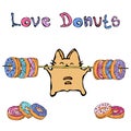 Savoyar the Cat Holding Barbell with Donuts. Love Donut. Cute Cheerful Fun Red or Ginger Kitty with Hands Held High Royalty Free Stock Photo