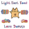 Savoyar the Cat Holding Barbell with Donuts. Love Donut. Light Fast Food. Cute Cheerful Fun Red or Ginger Kitty Royalty Free Stock Photo