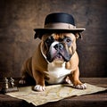 A Cool American Bully wearing a detective hat sniffing around a treasure map placed on a timeworn