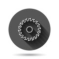 Saw blade icon in flat style. Circular machine vector illustration on black round background with long shadow effect. Rotary disc Royalty Free Stock Photo