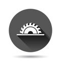 Saw blade icon in flat style. Circular machine vector illustration on black round background with long shadow effect. Rotary disc Royalty Free Stock Photo