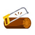 Saw cuts wood. Yellow saw. Flat cartoon illustration. Tool of lumberjack. Care of forest. Woodcutter operation