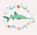 Saw fish marine character vector cartoon illustration
