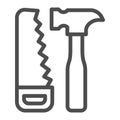 Saw and hammer line icon, house repair concept, carpentry tools sign on white background, Hand saw and hammer icon in Royalty Free Stock Photo